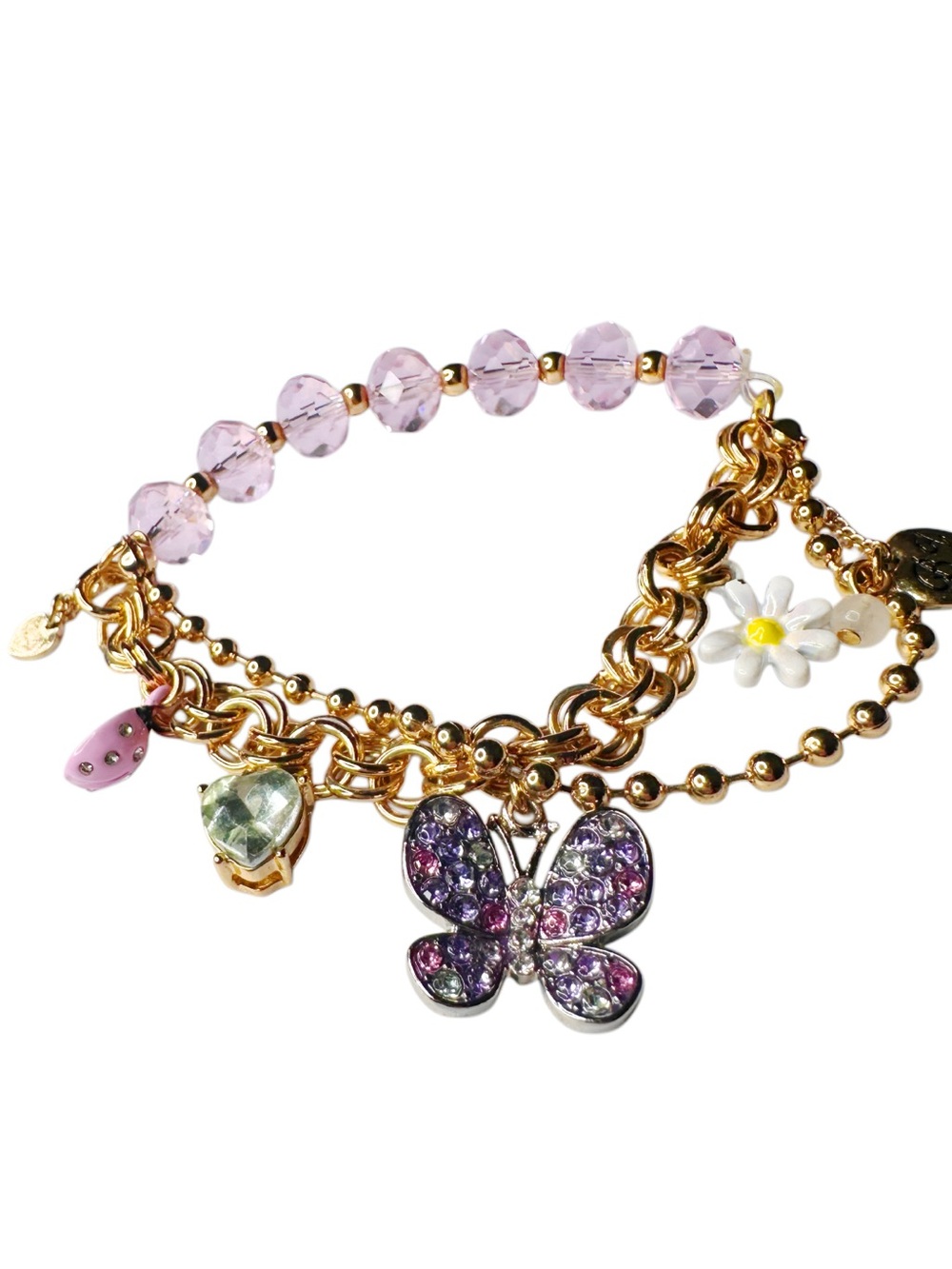 Betsey Johnson Gold-Tone Purple Crystal Butterfly & Daisy Charm Bracelet